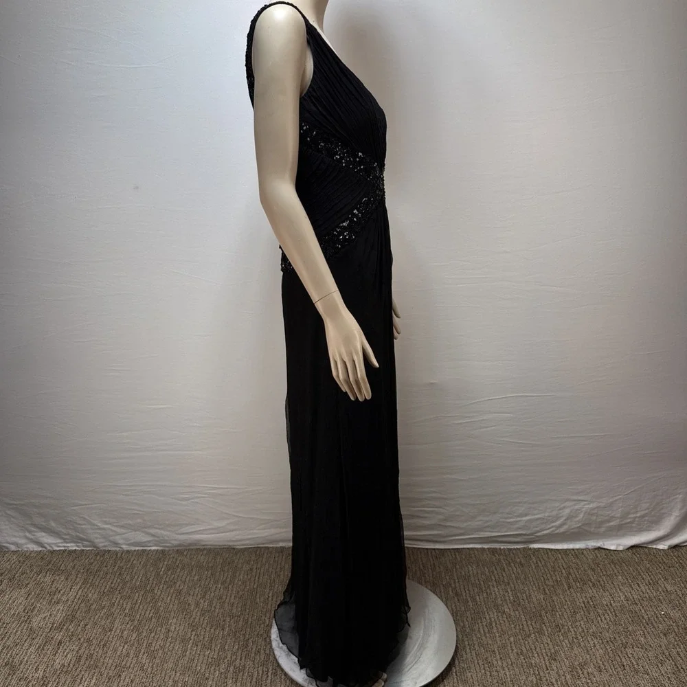 Tadashi Collection Long Evening Gown‎ Size 10 Black Silk Chiffon Beaded V-Neck